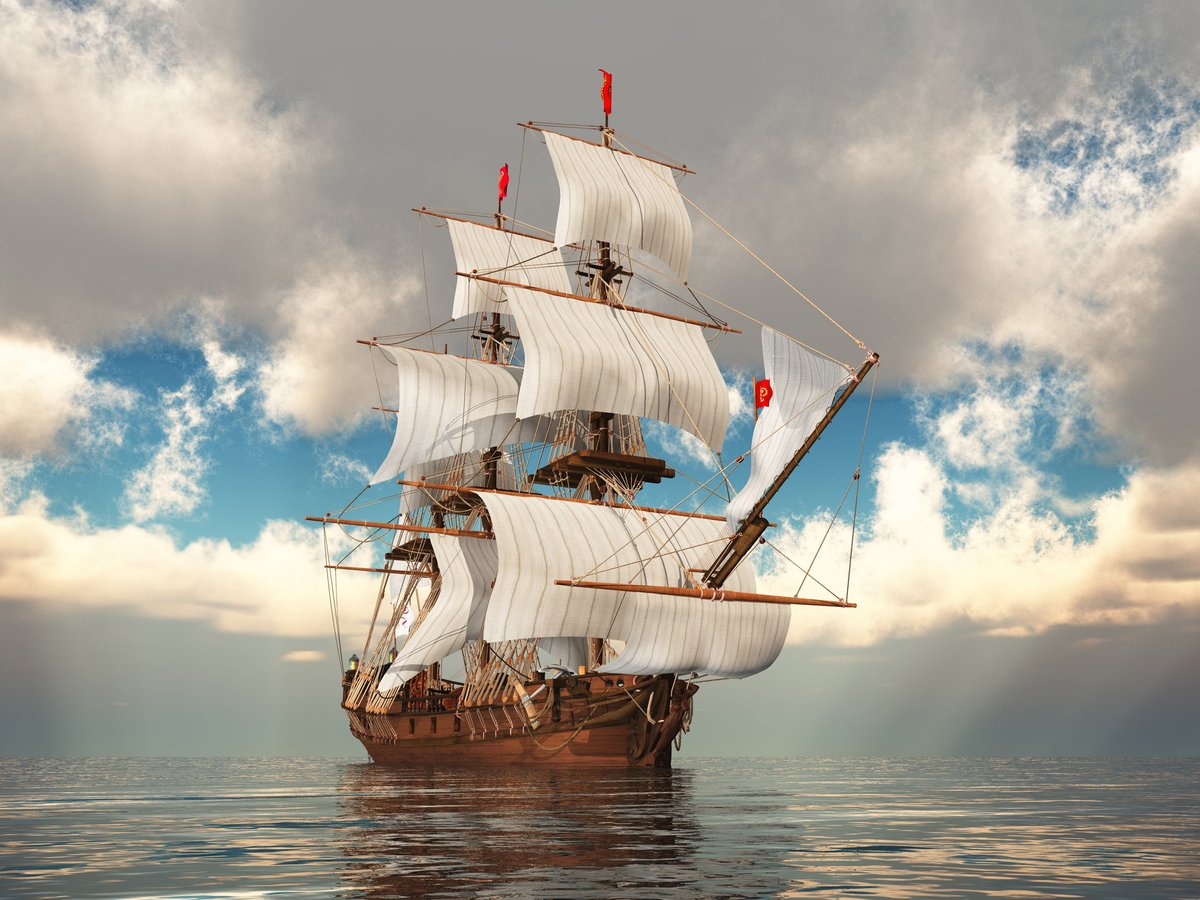 Computer generated 3D illustration with a pirate ship in the open sea
