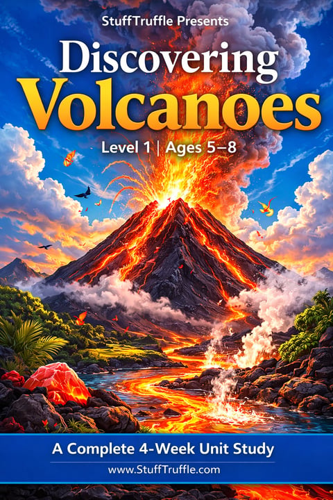 Cover of Discovering Volcanoes Level 1 educational book featuring an erupting volcano with lava flow and colorful sky, designed for ages 5-8