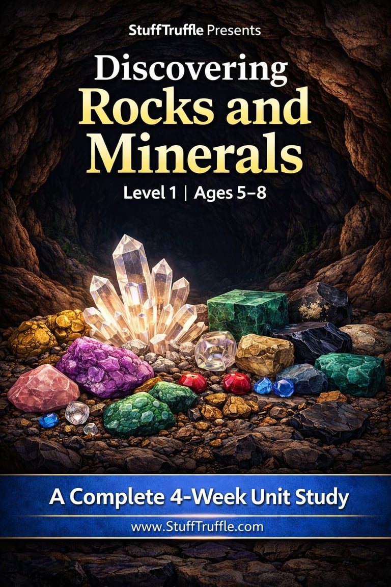 Educational cover for Discovering Rocks and Minerals Level 1 course for ages 5-8, featuring colorful crystals and gemstones displayed in a cave setting.