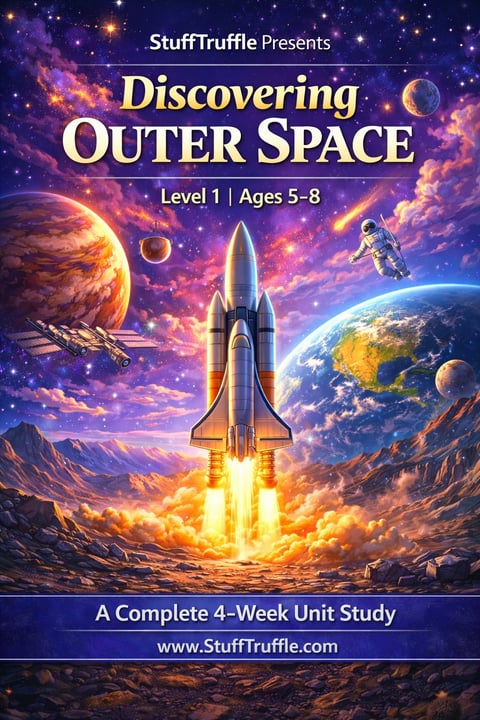 StuffTruffle Discovering Outer Space Level 1 course cover for ages 5-8, featuring a rocket launching with planets, stars, and an astronaut in space