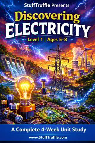 StuffTruffle Discovering Electricity Level 1 curriculum cover for ages 5-8 with lightning, power lines, lightbulb, and city skyline