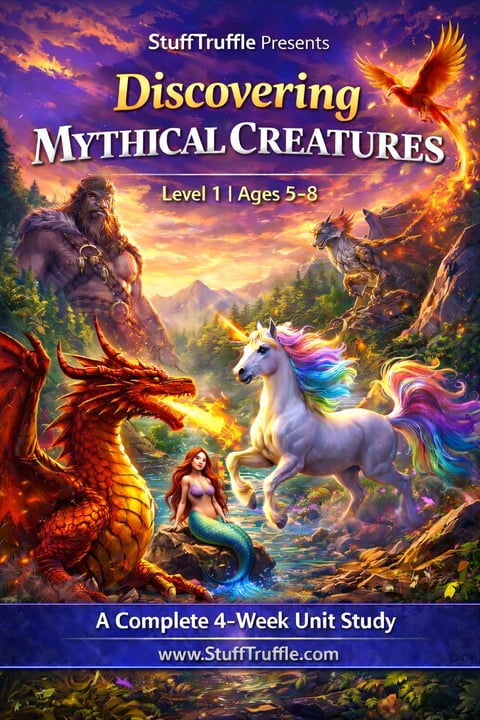 StuffTruffle Discovering Mythical Creatures Level 1 educational course cover featuring a white unicorn, dragon, phoenix, mermaid, and forest landscape with golden light effects