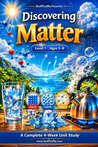 Educational cover for Discovering Matter Level 1 course for ages 5-8, showing three states of matter with molecules, water glass, ice, kettle, and scenic landscape background.