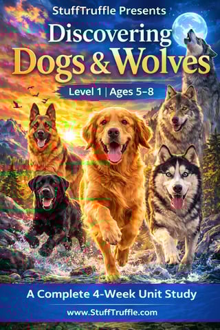 StuffTruffle Discovering Dogs & Wolves Level 1 educational book cover featuring multiple dog breeds and a howling wolf against a dramatic sunset mountain landscape