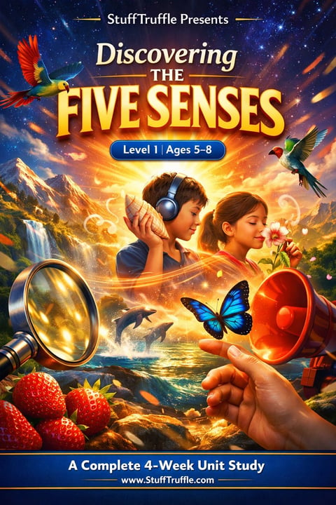 Educational program cover for Discovering the Five Senses Level 1 for ages 5-8, featuring two children with headphones, magnifying glass, megaphone, butterfly, birds, strawberries, and nature elements