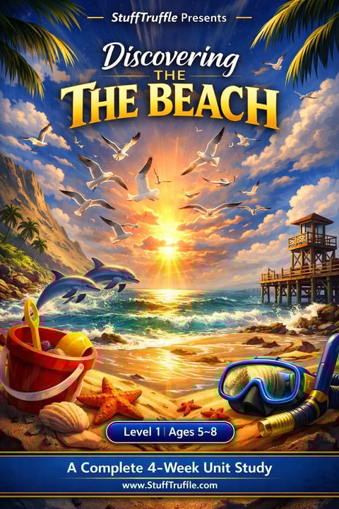 Colorful educational book cover for Discovering the Beach by StuffTruffle, featuring dolphins, birds, beach items, and sunset for ages 5-8