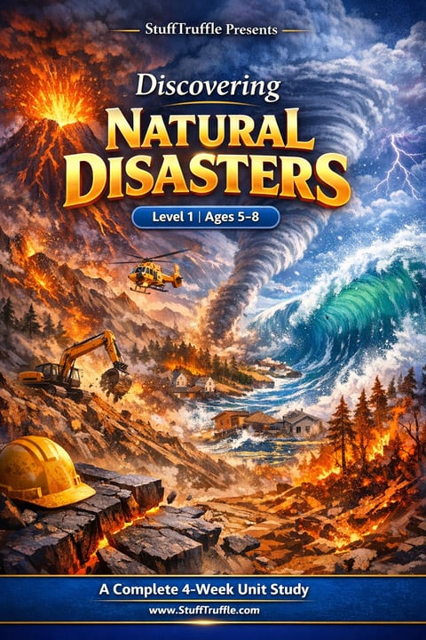 Educational book cover featuring multiple natural disasters including volcano, tornado, wildfire, and tsunami with title Discovering Natural Disasters Level 1 Ages 5-8