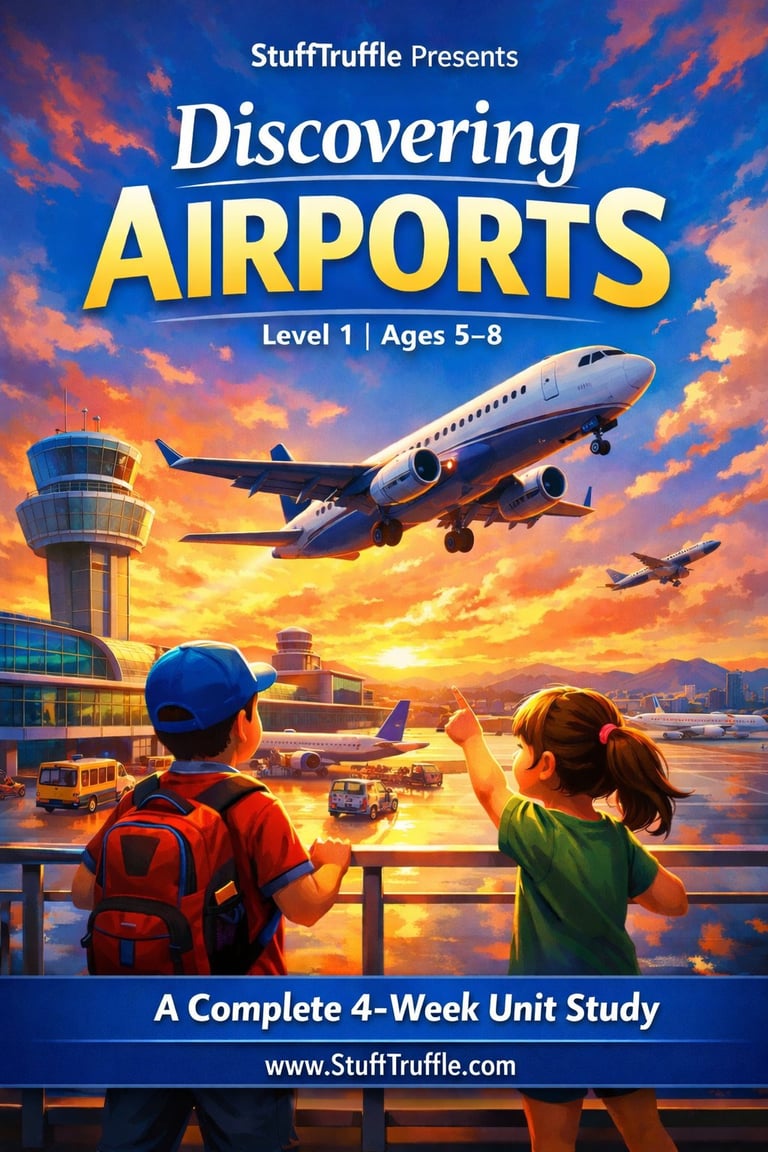 StuffTruffle Presents Discovering Airports book cover showing two children watching an airplane take off at sunset over an airport terminal.