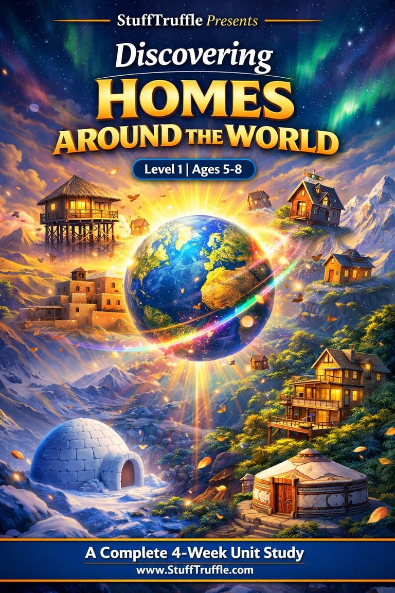StuffTruffle educational poster showing diverse homes around the world surrounding Earth with aurora lights, designed for ages 5-8