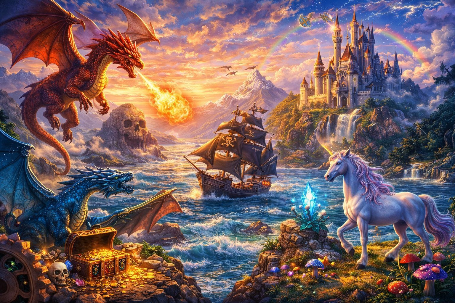 Fantasy scene with red dragon breathing fire, unicorn, sailing ship, castle, and magical creatures in a vibrant sunset landscape