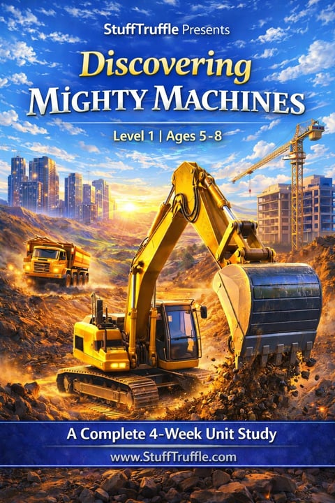 StuffTruffle Discovering Mighty Machines Level 1 educational program cover featuring a yellow excavator and construction vehicles on a job site