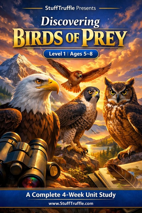 Book cover for Discovering Birds of Prey Level 1 ages 5-8, featuring an eagle, falcon, and owl with mountains and sunset background