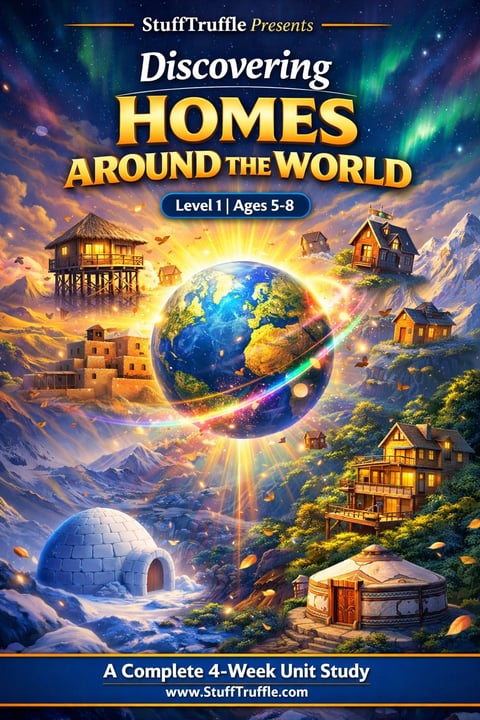 StuffTruffle educational poster showing global homes around Earth with igloos, treehouses, and traditional dwellings for ages 5-8