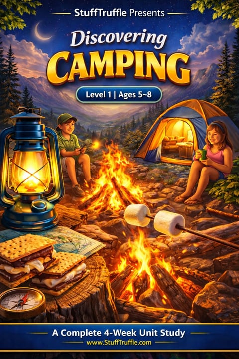 StuffTruffle Discovering Camping Level 1 book cover with two children around a campfire, tent, lantern, and camping supplies under a starry night sky
