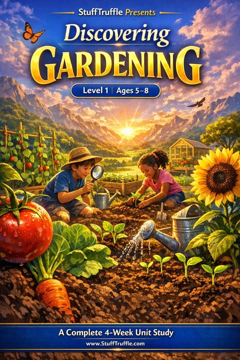 Children gardening with vegetables and sunflowers in a sunny valley setting. StuffTruffle Discovering Gardening Level 1 Ages 5-8 course cover.