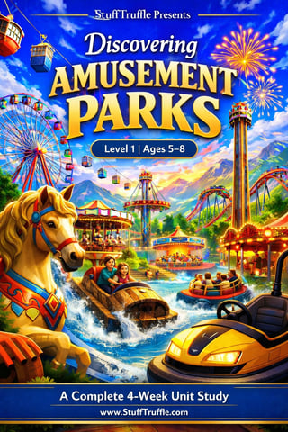 Colorful amusement park educational book cover for ages 5-8 featuring rides, carousel horse, fireworks, and roller coaster