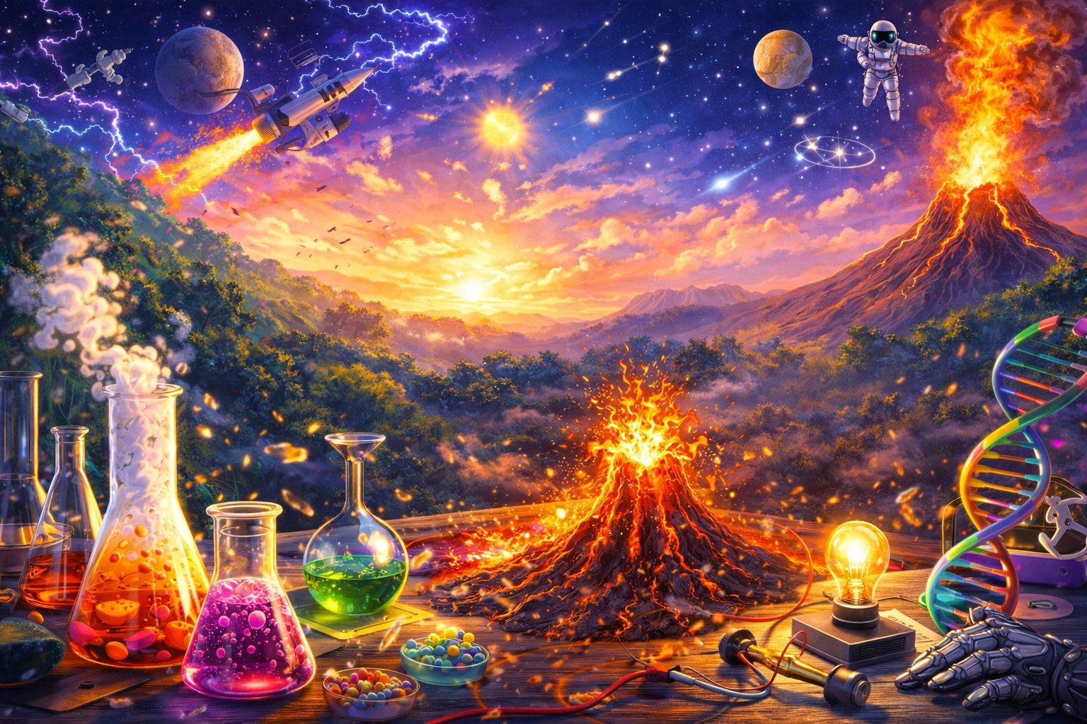 Surreal sci-fi landscape with colorful lab beakers, glowing volcanos, DNA helix, planets, lightning, and cosmic scenery blending science and space