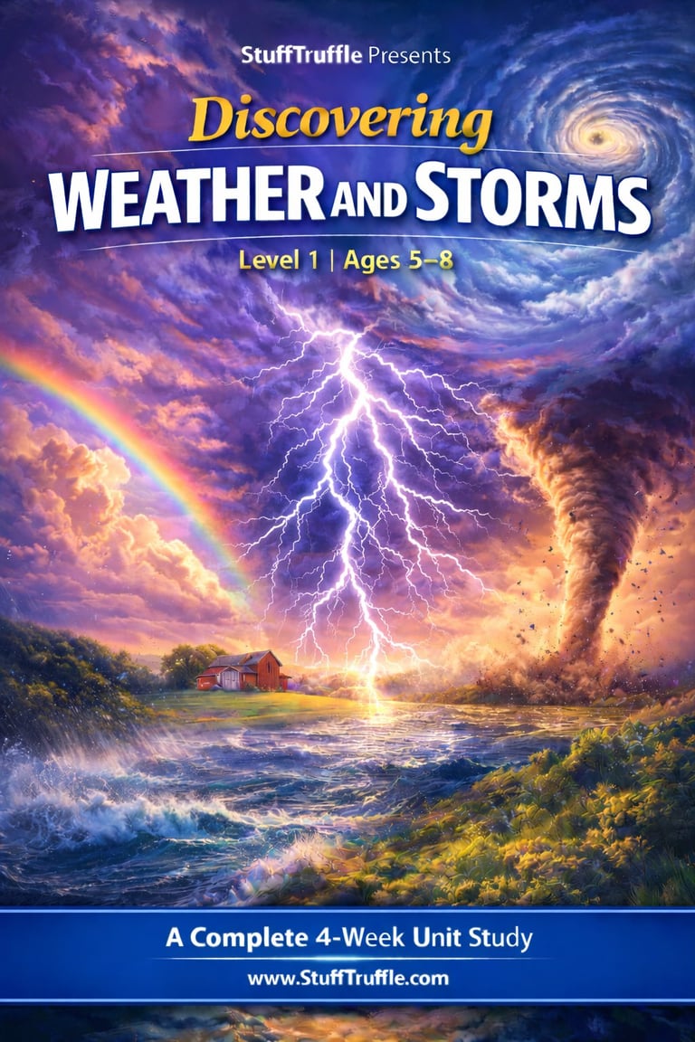 Educational book cover showing dramatic weather scenes including lightning, tornado, rainbow, and hurricane with title Discovering Weather and Storms for ages 5-8