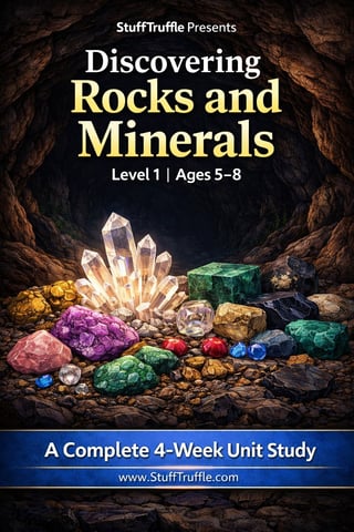 Educational book cover for Discovering Rocks and Minerals Level 1, showing colorful crystals and gemstones in a cave setting.
