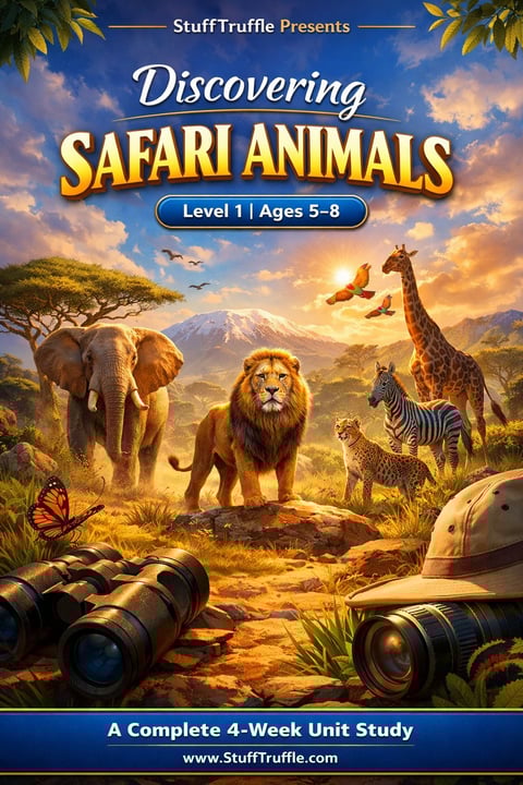 Educational book cover for Discovering Safari Animals Level 1 Ages 5-8, featuring elephants, lions, giraffes, zebras, and binoculars in a savanna landscape.