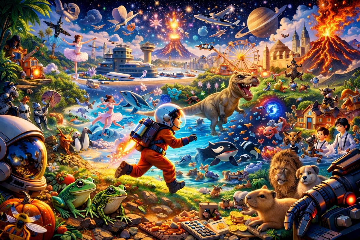 Colorful digital artwork depicting an adventurer exploring diverse fantastical worlds with planets, dinosaurs, castles, volcanoes, and magical creatures throughout a sprawling landscape.