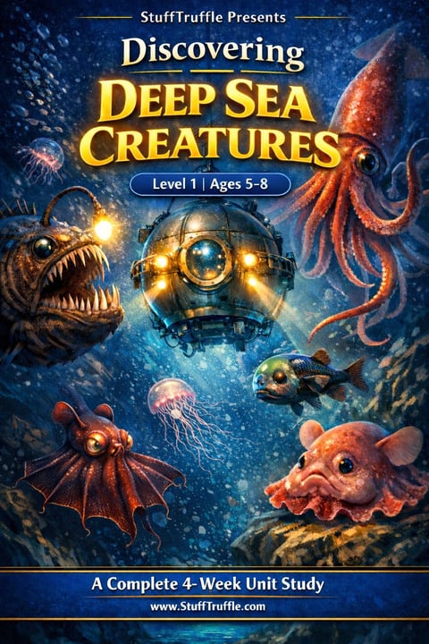 Educational book cover showing a glowing submersible surrounded by colorful deep sea creatures including squid, anglerfish, and jellyfish on a dark blue ocean background.