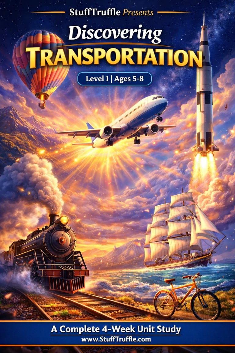 StuffTruffle educational poster showing various modes of transportation including hot air balloon, airplane, rocket, steam train, sailboat, and bicycle against a golden sky background