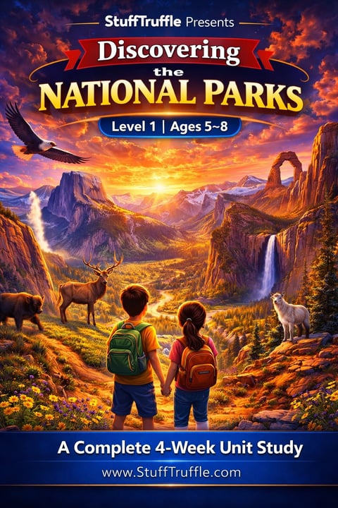 Educational book cover for Discovering the National Parks Level 1 course featuring two children with backpacks exploring a scenic landscape with mountains, wildlife, and a waterfall at sunset