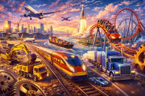Colorful digital artwork showing various transportation modes including trains, planes, trucks, and roller coasters with a city skyline at sunset
