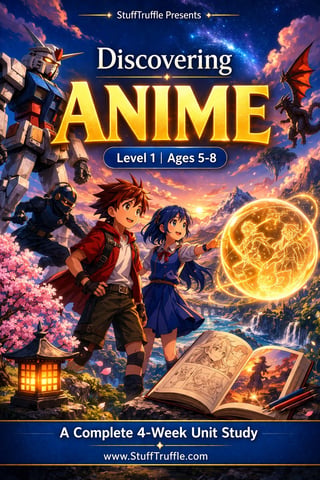 StuffTruffle Presents Discovering Anime Level 1 Ages 5-8 course cover with anime characters, giant robot, magical sphere, and fantasy landscape