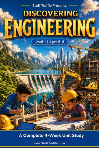 Educational book cover for Discovering Engineering Level 1, showing children with construction tools and engineering structures including a dam and skyscraper