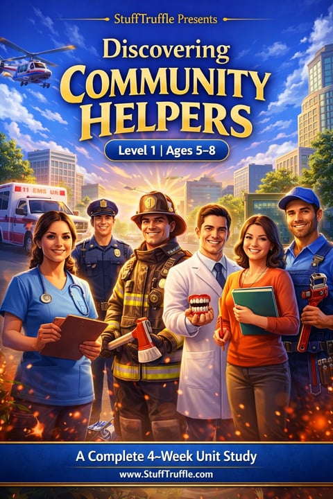 Educational book cover for Discovering Community Helpers Level 1 ages 5-8, featuring diverse professionals including nurse, police officer, firefighter, doctor, teacher, and plumber against a city skyline.