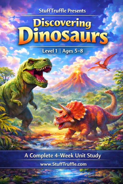 Book cover for Discovering Dinosaurs Level 1 Ages 5-8, featuring a green T-Rex and red Triceratops in a prehistoric landscape with volcano and flying pterodactyl