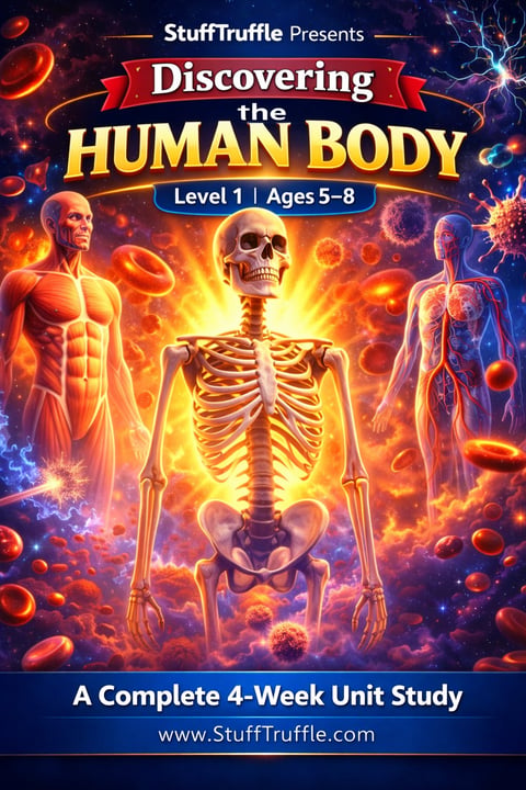 StuffTruffle educational poster showing glowing anatomical illustrations of human body systems for Level 1 ages 5-8, featuring skeleton and muscle systems surrounded by colorful energy effects