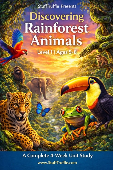 Educational book cover for Discovering Rainforest Animals featuring leopard, elephant, toucan, frog, and sloth in a lush jungle setting