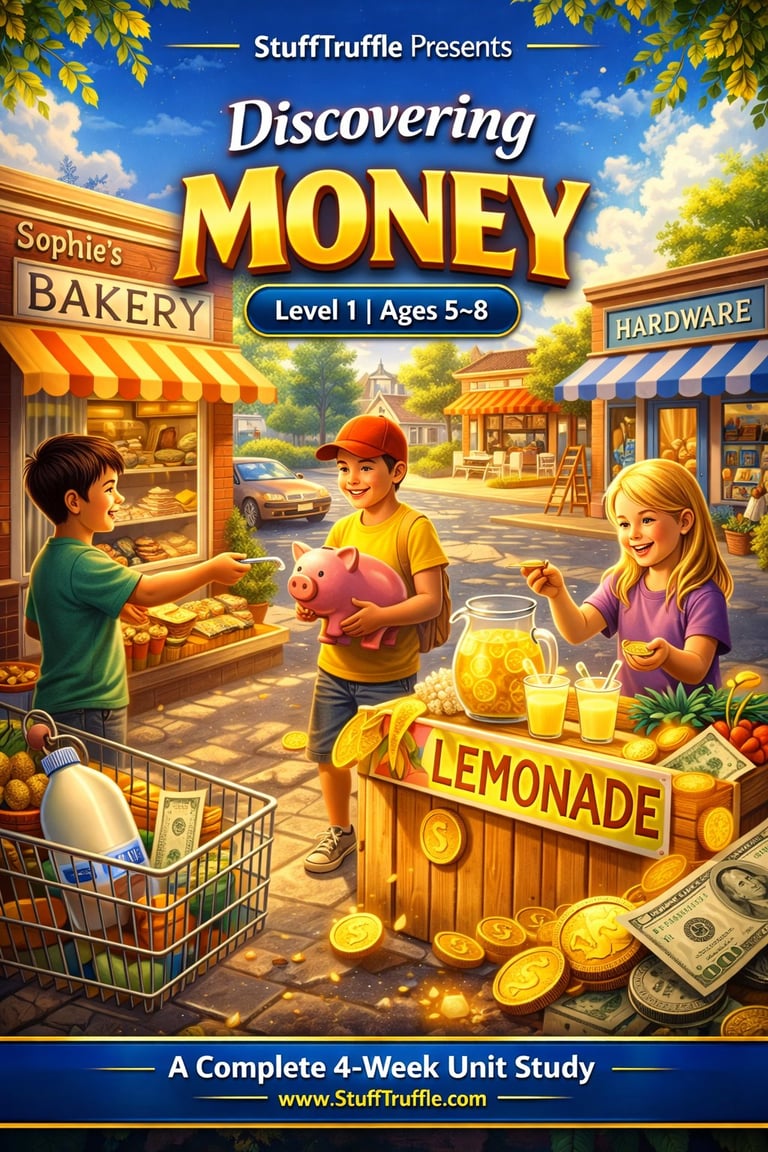 Educational book cover showing children running a lemonade stand and bakery, teaching money concepts for ages 5-8