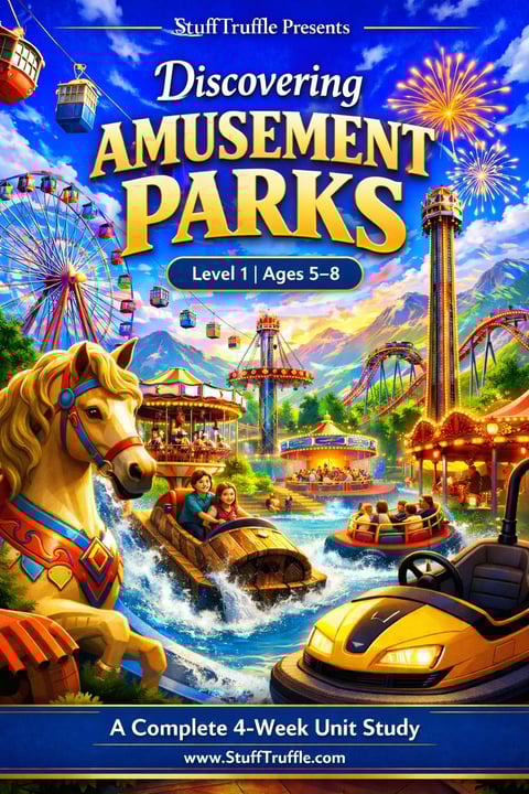 Colorful amusement park educational book cover featuring carousel horse, ferris wheel, roller coaster, and fireworks for ages 5-8