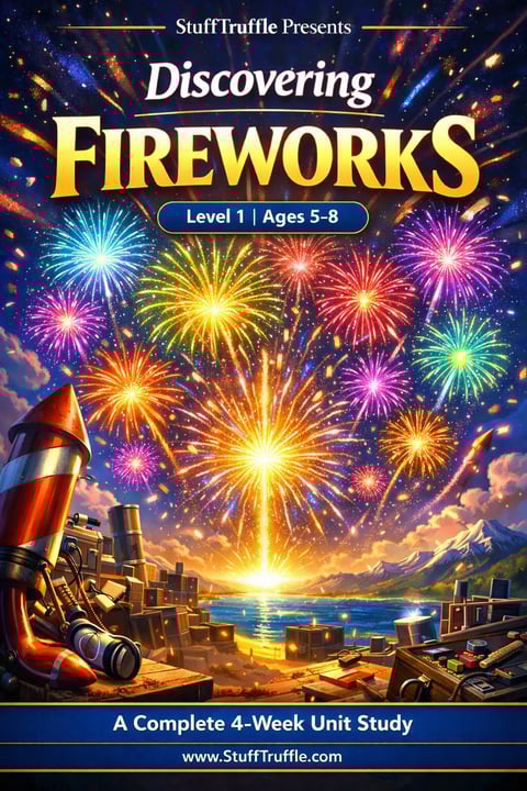 Educational book cover for Discovering Fireworks Level 1 Ages 5-8, featuring colorful fireworks exploding over a night sky landscape with a rocket illustration