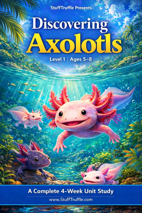 Educational book cover showing colorful axolotls underwater with aquatic plants, titled Discovering Axolotls Level 1 Ages 5-8