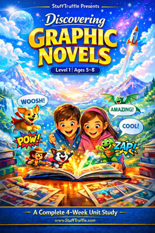 Colorful educational poster for Discovering Graphic Novels Level 1 course, featuring two smiling children, cartoon characters, and an open book with magical effects against a landscape background.