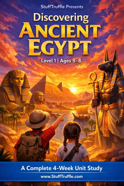 Educational book cover for Discovering Ancient Egypt Level 1, showing two children observing Egyptian landmarks, pharaohs, and gods at sunset