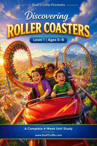Children riding a red roller coaster at an amusement park with looping tracks, promotional cover for StuffTruffle educational unit on roller coasters for ages 5-8