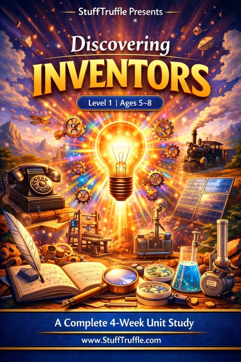 Discovering Inventors educational cover for ages 5-8 featuring a glowing lightbulb surrounded by gears, tools, and scientific instruments in a colorful explosion of light