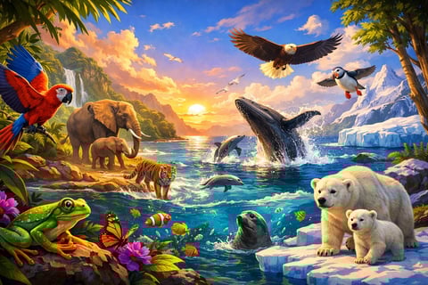 Diverse wildlife illustration featuring elephants, polar bears, whales, eagles, and tropical animals in a scenic natural landscape with sunset and ice