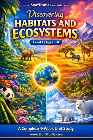 Educational cover for StuffTruffles Habitats and Ecosystems Level 1 course showing diverse animals and landscapes surrounding Earth
