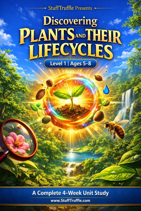 StuffTruffle educational book cover for plant lifecycles with a glowing seed cycle, forest landscape, magnifying glass, and bee illustrations