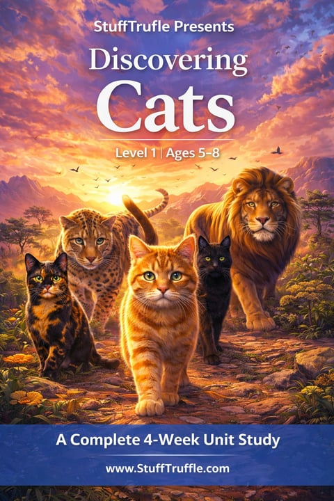 Book cover for Discovering Cats educational material showing various cat species including domestic cats, leopard, and lion in a savanna landscape at sunset