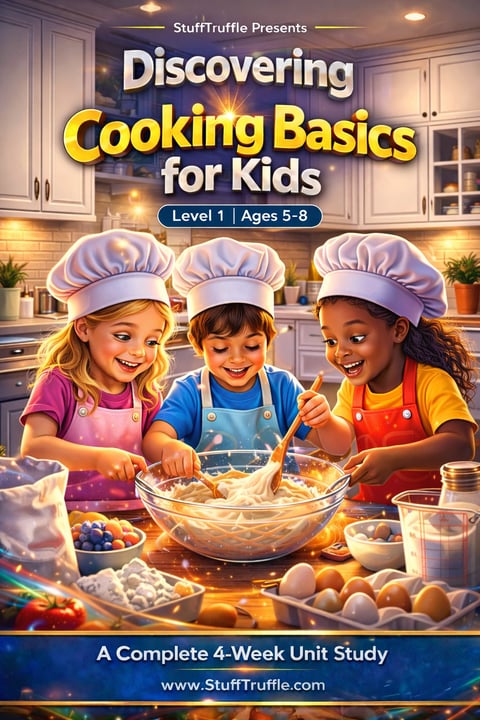 Three children wearing chef hats mixing ingredients in a bowl in a bright kitchen, with text advertising a cooking basics course for kids ages 5-8