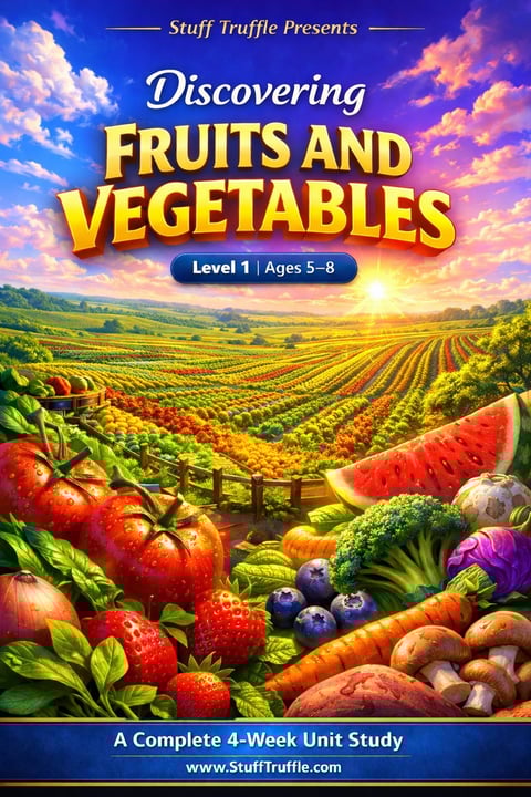 Educational book cover for Discovering Fruits and Vegetables Level 1 featuring farmland with fresh produce including apples, strawberries, broccoli, carrots, and mushrooms at sunset