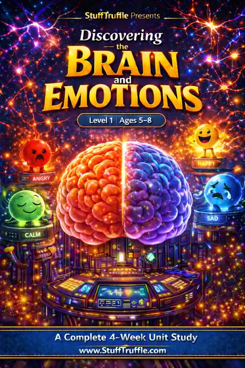 Educational cover for Discovering the Brain and Emotions Level 1 course featuring a colorful split brain with emotion character icons representing angry, happy, calm, and sad.